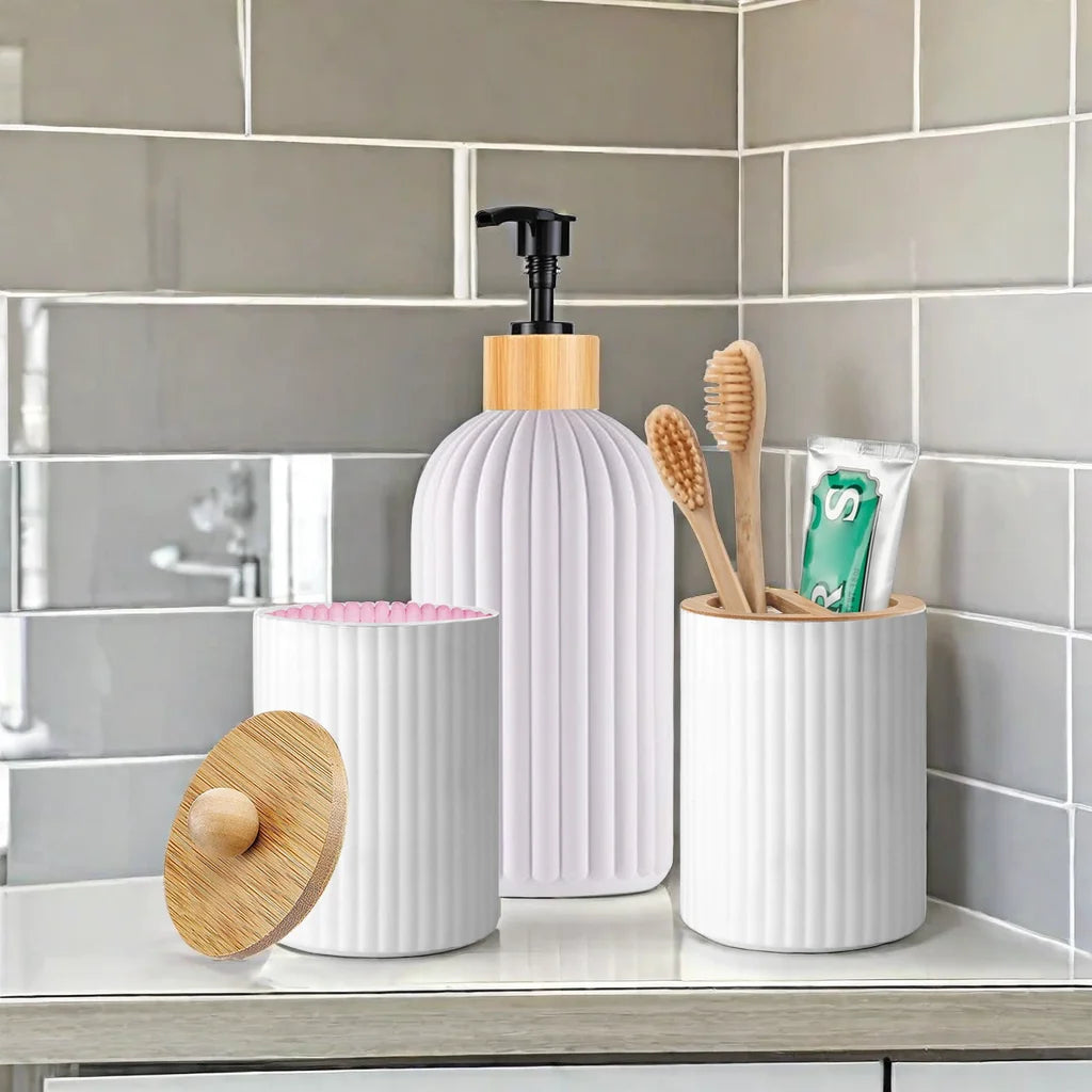 Ribbed Soap Dispenser & Storage Set | Modern Bathroom Organization