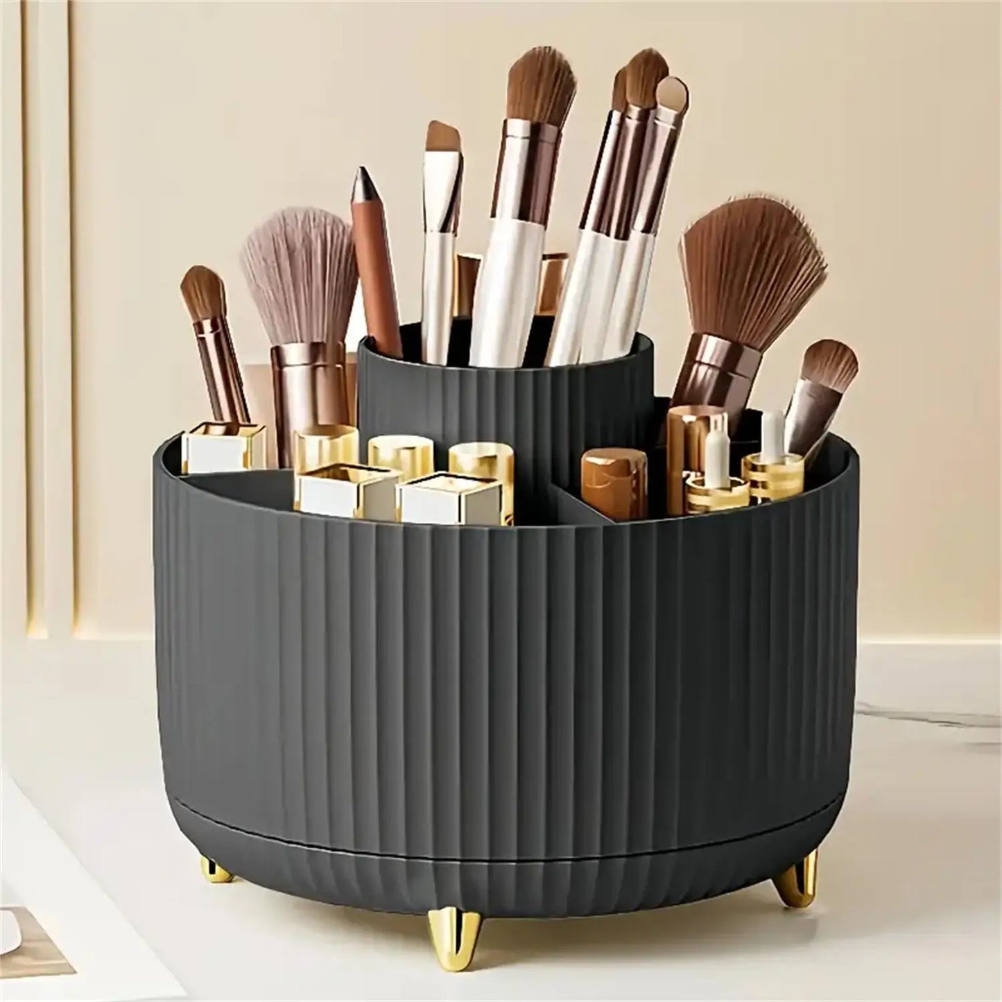 360° Rotating Makeup Organizer | Vanity Storage with Brush Holder