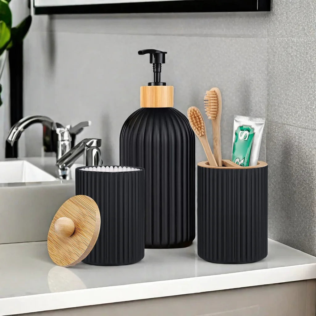 Ribbed Soap Dispenser & Storage Set | Modern Bathroom Organization