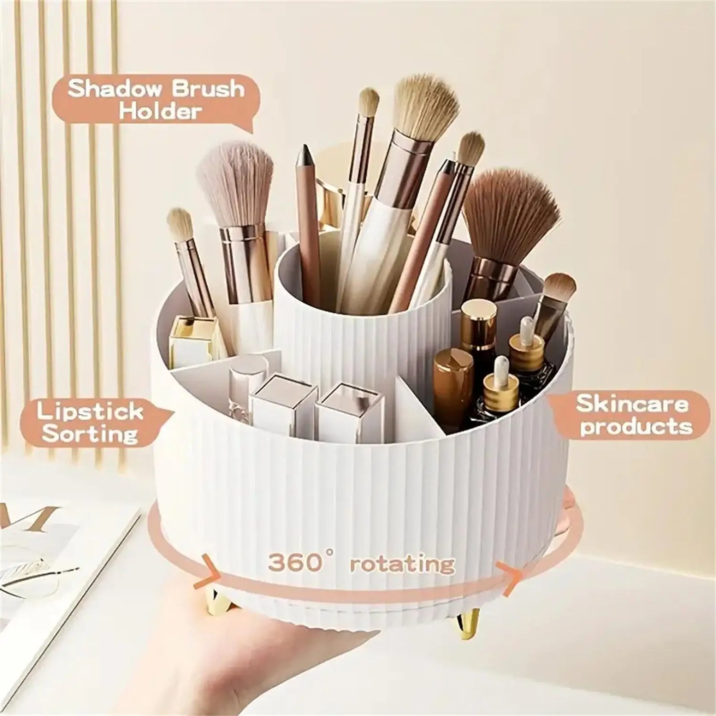 360° Rotating Makeup Organizer | Vanity Storage with Brush Holder